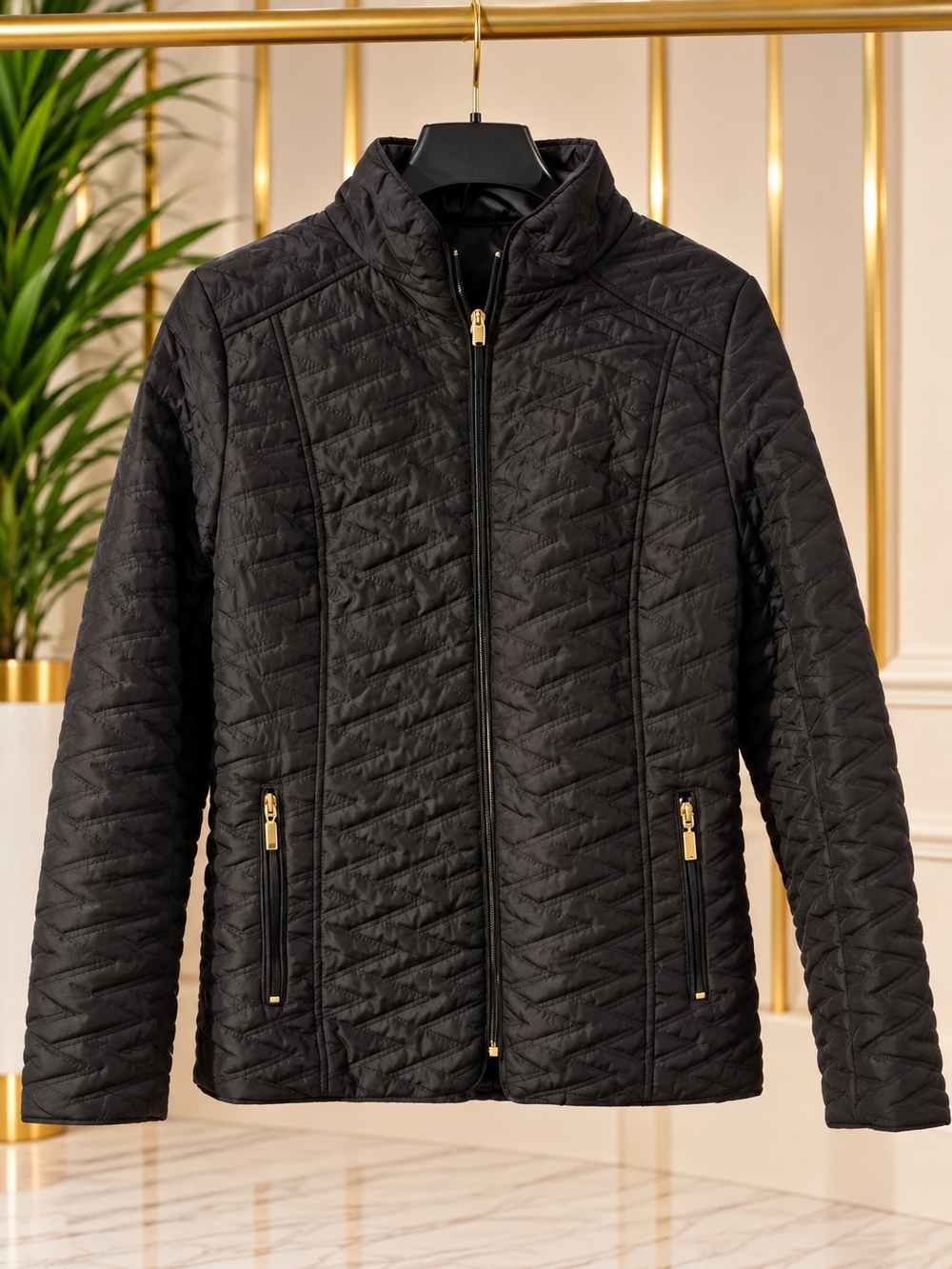 Jane Ashley Black Quilted Zip Jacket with Gold Hardware